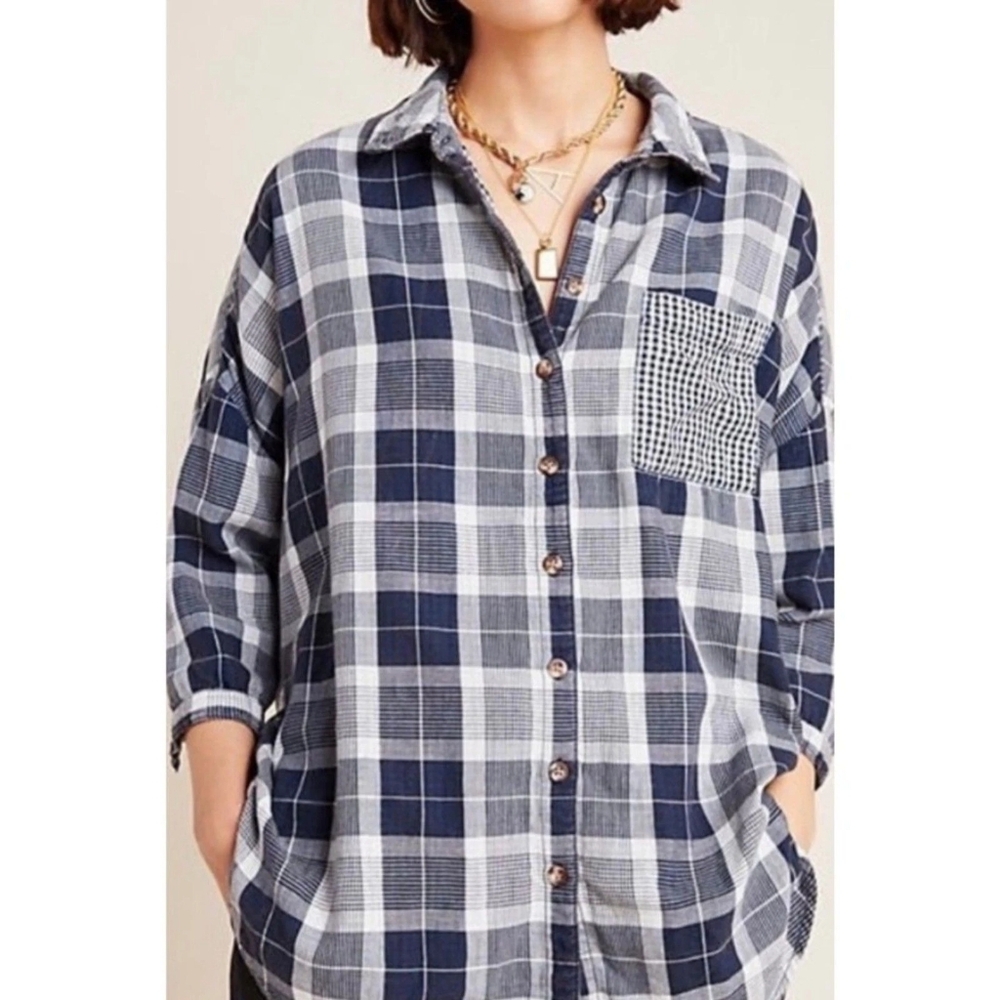 ANTHROPOLOGIE Pilcro The Bo Boyfriend Flannel Gingham Navy Blue Shirt | Size M/L